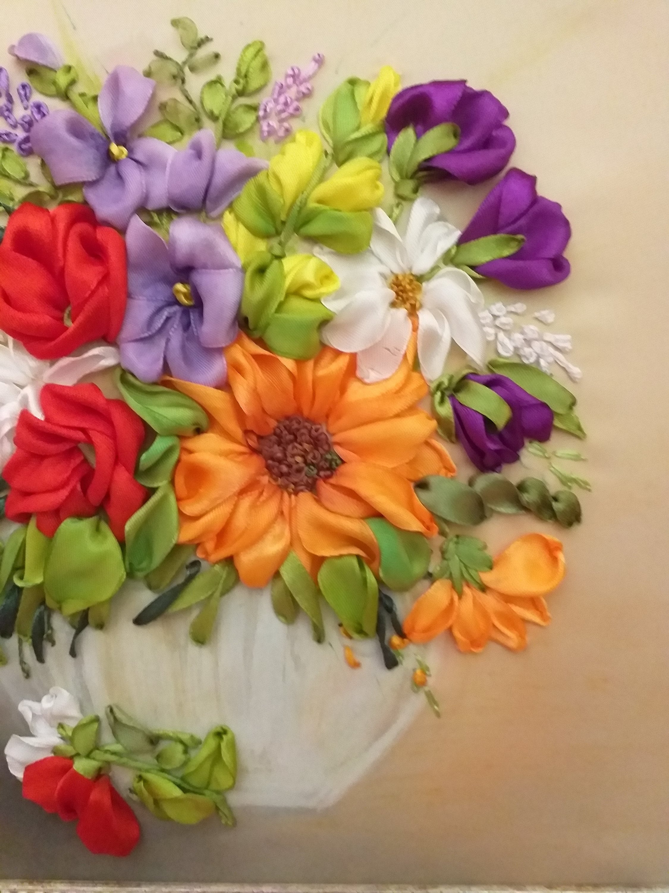 Vase With Flowers /ribbon Art /ribbon Embroidery /wall Decor Etsy