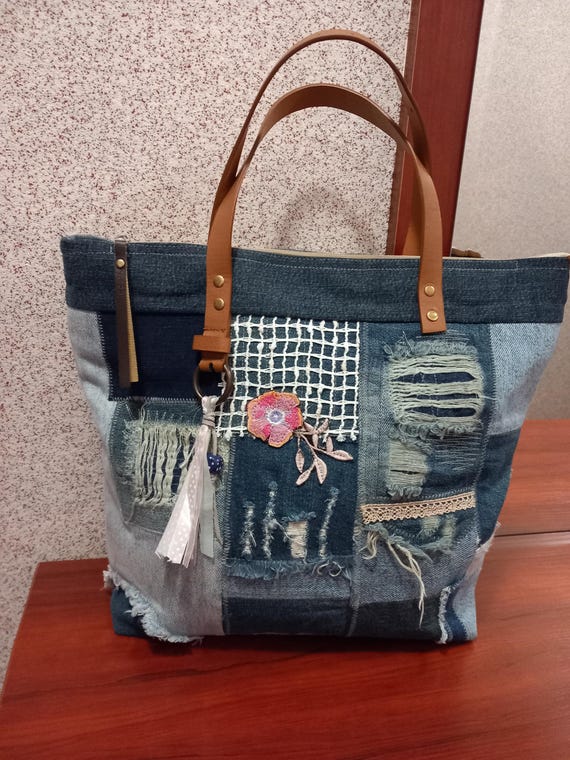 Bolso denim boho patchwork, bolso de mano, bolso loco, bolso para