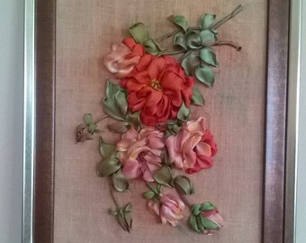 ROSES.Embroidered picture.Ribbon embroidery.Catherine Kleine ,s roses.Home decor.Gift idea.