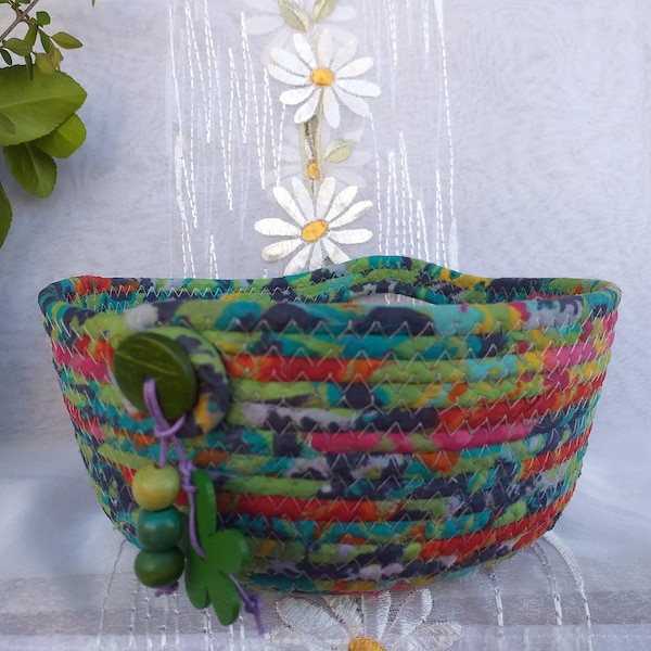 Fabric scrap bowl ,coiled rope bowl ,fabric basket ,rope bowl ,colorful decor