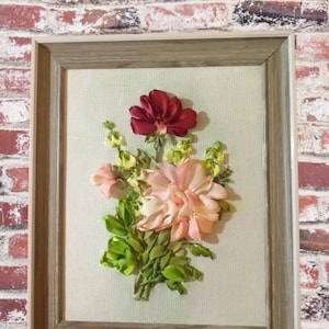 Embroidered picture /bouquet of flowers /ribbon embroidery /modern art /wall decor /home decor/gift for mom