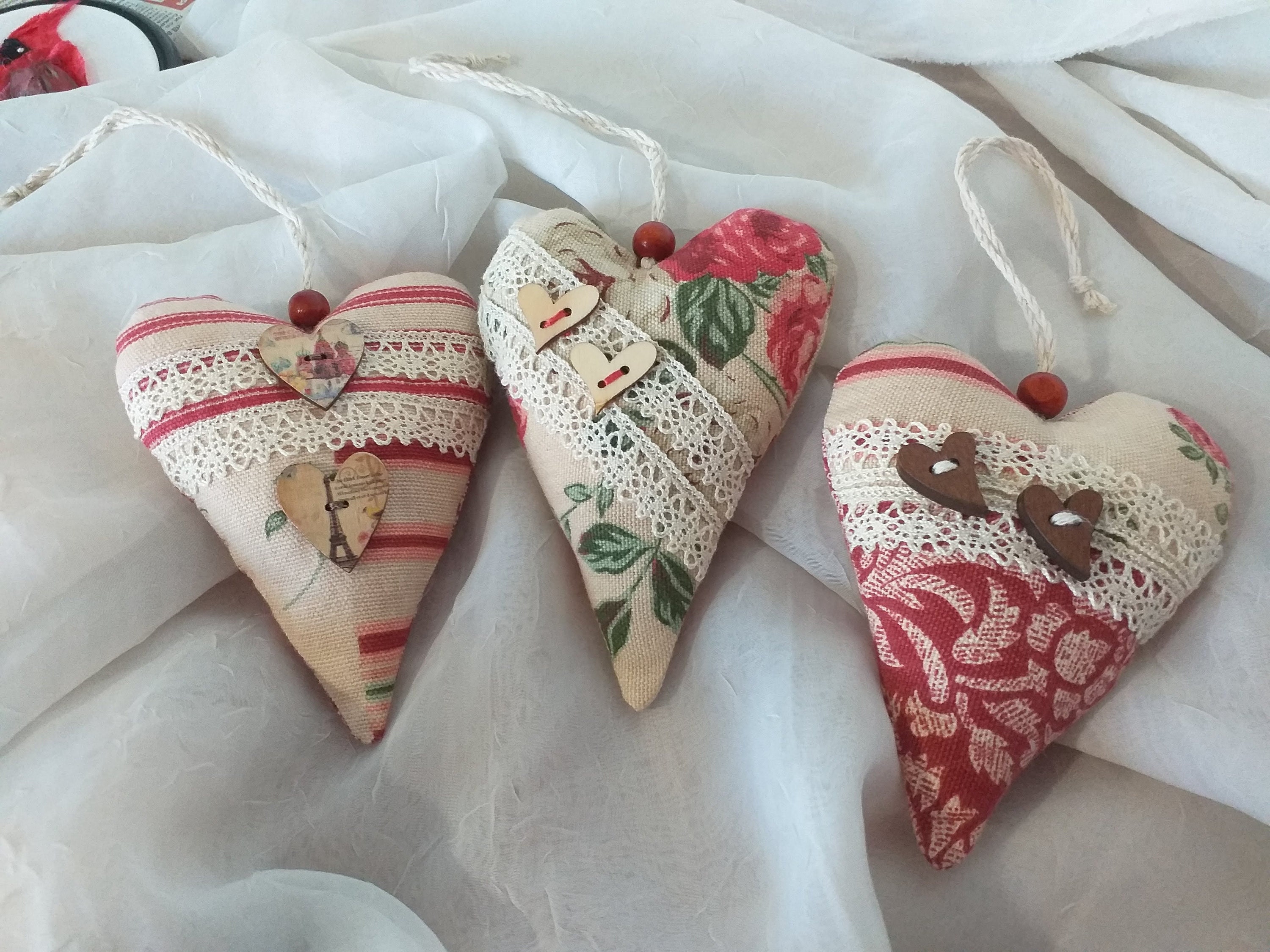 Valentine's Day Hearts/ Set Of Three Hearts /Textile Ornaments/Shabby /Vintage Style /Gift