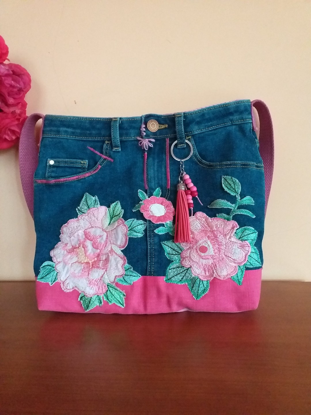 Recycled Denim Bag With Embroidery //handbag//shoulder Bag //bag With