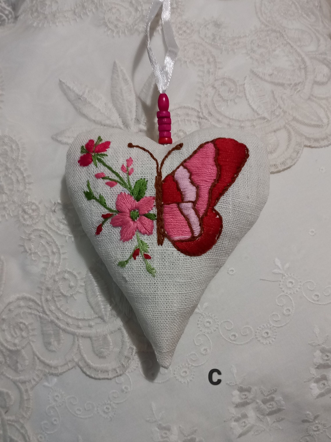 Handembroidered Textile Hearts butterflies Soft Ornaments Home Decor