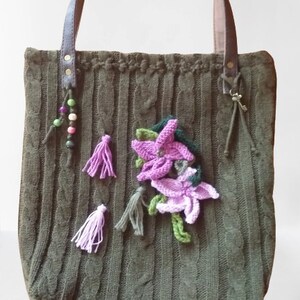 Knitted bag /shoulder bag /recycled bag /green bag /knitted flowers /leather handles /bohemian bag /tic-tac button /gift for mom