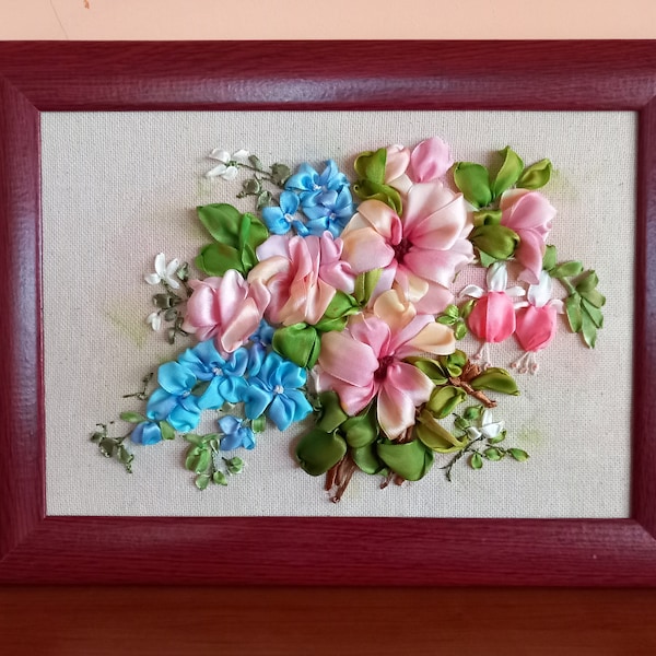 Ribbon embroidery /Bouquet of roses /Ribbon art /Wall decor /Home decor /Gift for any occasion