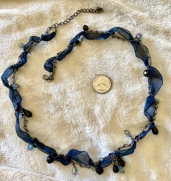 Cookie Lee Navy Blue Ribbon, Faceted Glass Bead Necklace and