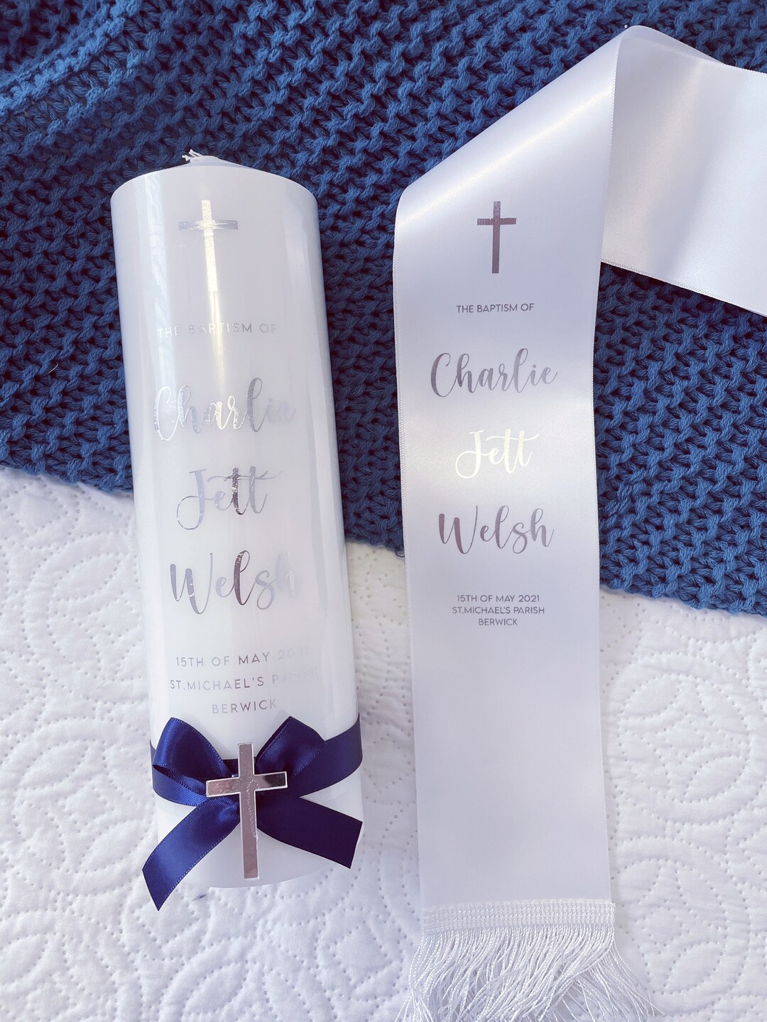 Personalised Baptism Stole & Candle Set. Christening Stole/sash and