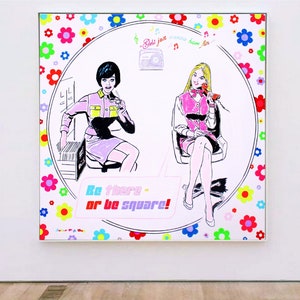 Pop art painting, Girls just wanna have fun, flowers, large wall home decor art, gift for her, colorful original artwork, popart christmas