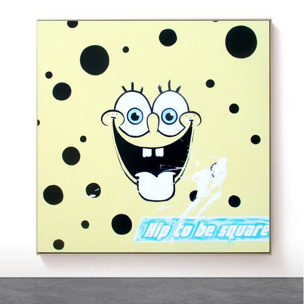 Pop art painting original, Spongebob, large square Artwork, Yellow fun wall art, popart acrylic canvas, comic, personalize gift for her him