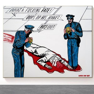 Popart Painting large, Trash, Tarantino, Acrylic on canvas, blue red white artwork, Police Crime Death Blood Horror Comic, SuperPopBoy