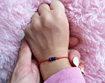 Toddler Red String Bracelet with Blue Glass Bead, Adjustable Amulet