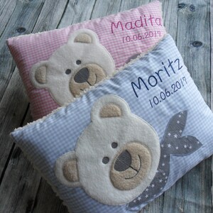 Babykissen mit Namen Teddy-Bär Taufe Geburt Kuschelkissen Namen Geburtskissen personalisiert Bärenkissen Teddykissen Teddy Bild 2