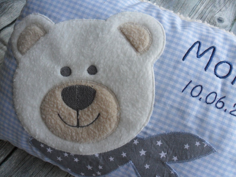 Babykissen mit Namen Teddy-Bär Taufe Geburt Kuschelkissen Namen Geburtskissen personalisiert Bärenkissen Teddykissen Teddy Bild 4