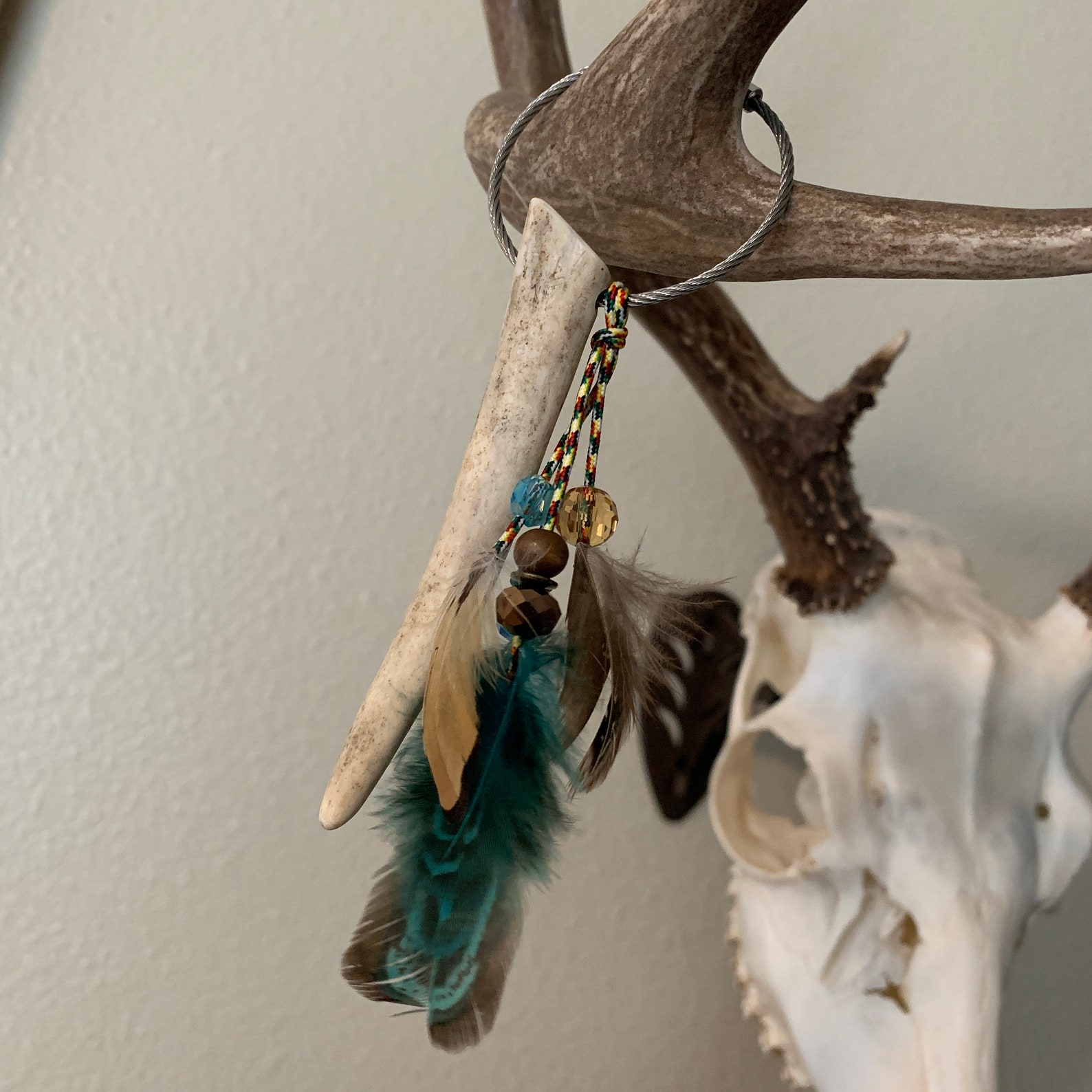 Antler Keychain/bag Hanger With Feather and Bead Tassel Etsy