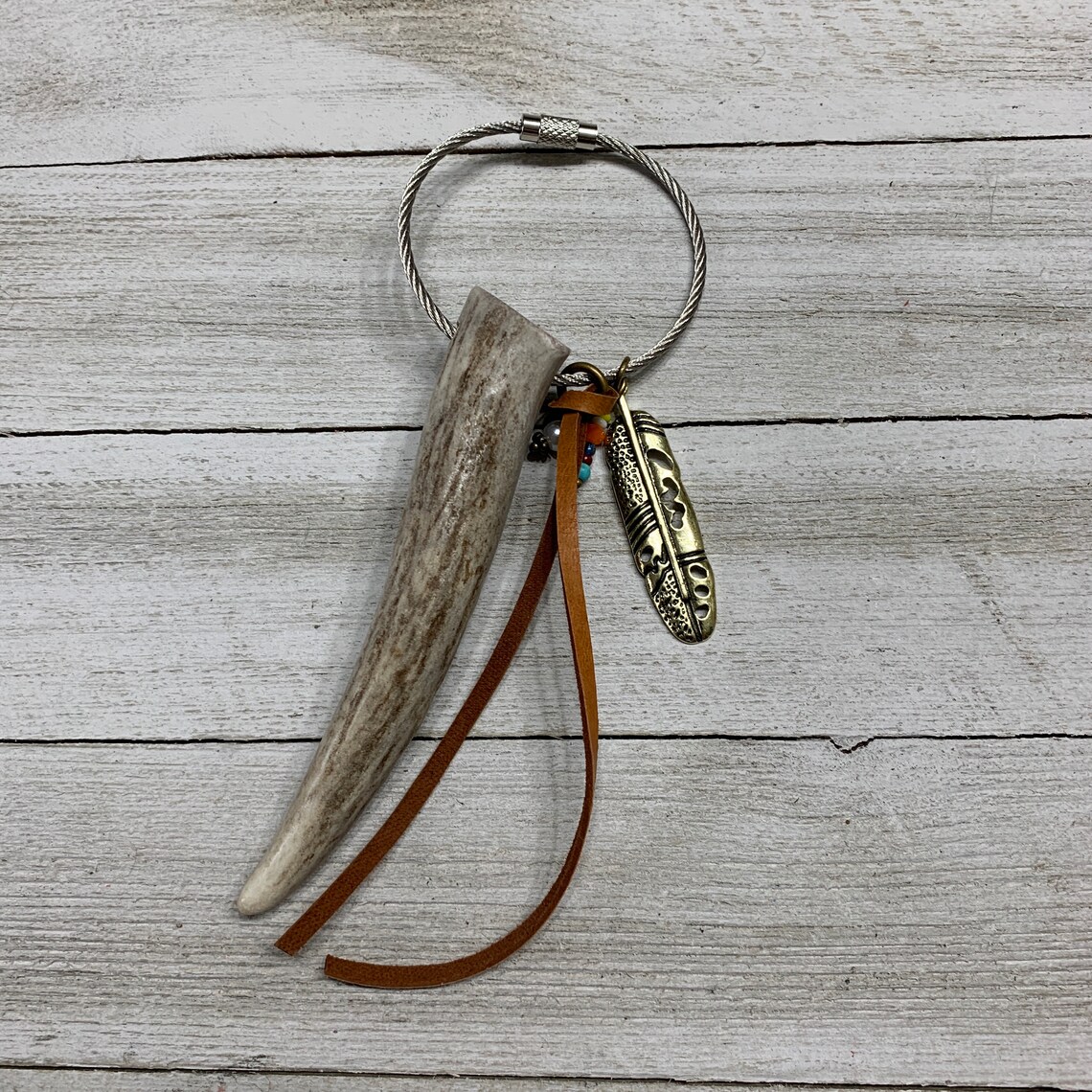 Antler Keychain/bag Hanger With Feather Charm and Leather Etsy