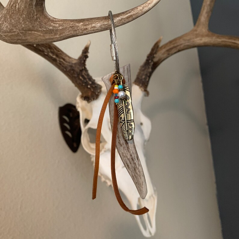 Antler Keychain/bag Hanger With Feather Charm and Leather Etsy