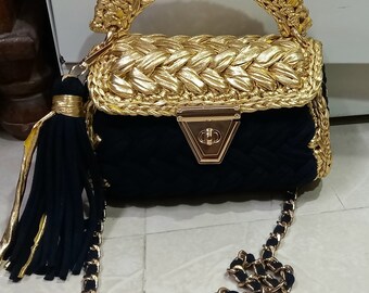 Hand crocheted t shirt yarn clutch, cross body sling bag, purse