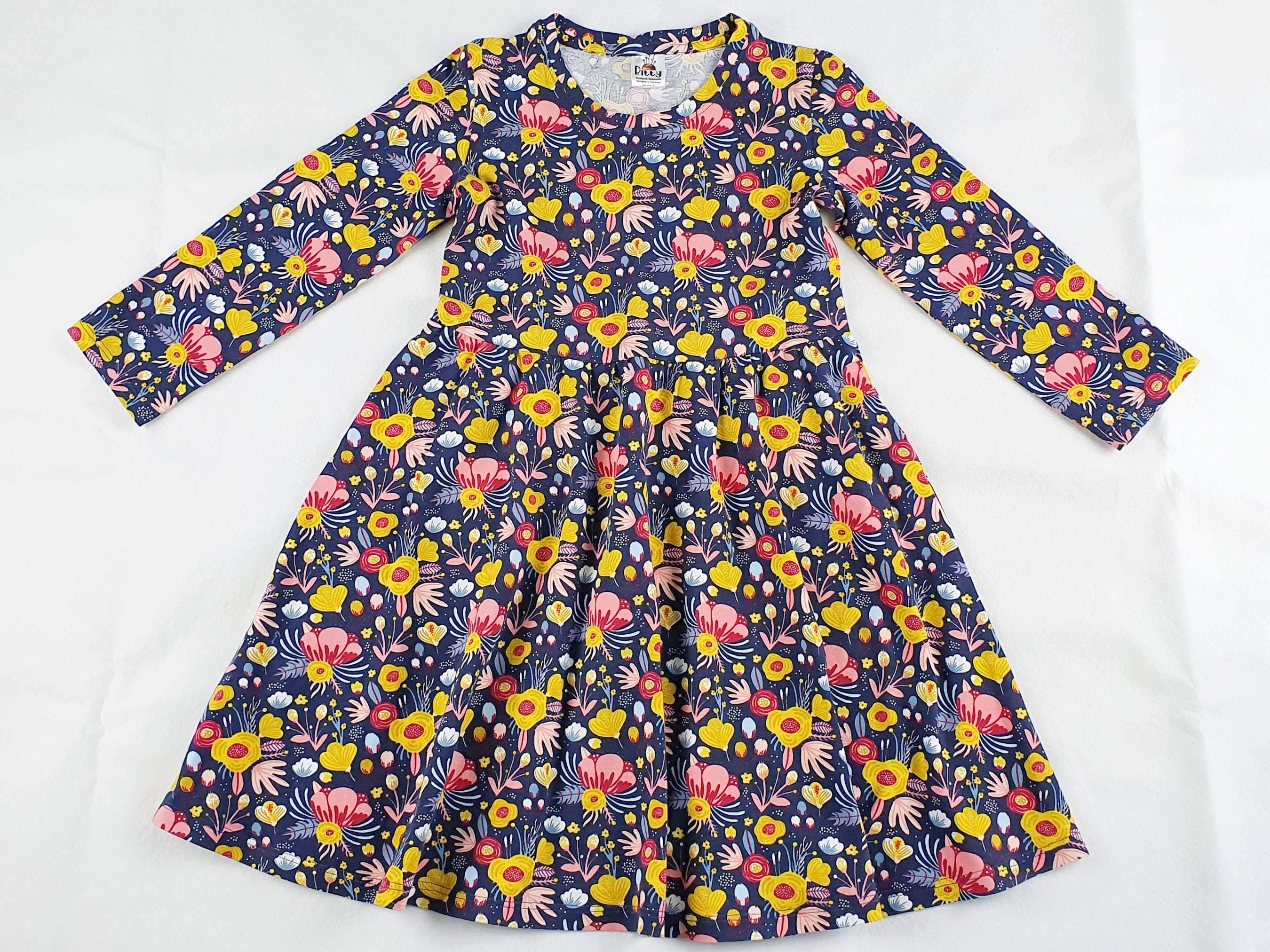 4 Years Old Girl Dress Girl Jersey Dress Little Girl Dress Organic Cotton Jersey Dress Dark Blue Navy Painting Floral Girl dress