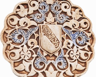 Nasrid Crest Wall Medallion | Alhambra-Inspired Stucco Art | 30cm Islamic Geometric Decor