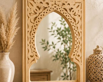 Handcarved Wooden Arched Mirror | Moorish Keyhole Wall Mirror | Moroccan Alhambra Decor | Carved Wood Accent Mirror (27x40cm)