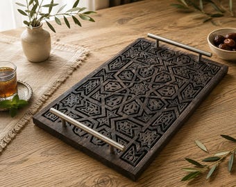 Handcarved Wooden Serving Tray with Handles | Alhambra Geometric Pattern | Islamic Moorish Decor | Wooden Ottoman & Coffee Table Tray