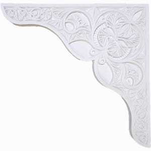 May include: White corner bracket with intricate floral and geometric carved details. The bracket has a curved design and is made of a solid, opaque material. The decorative element is designed to be mounted on a wall.