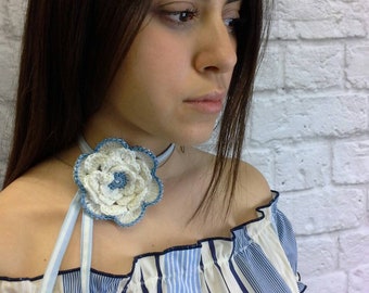 Women's collar with striped fabric rope and crochet flower made of white and blue cotton, necklace with cotton flower.