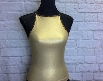 Gold-coloured stretch jersey vest perfect as a jacket, golden American top with spotted shoulder straps and transparent back