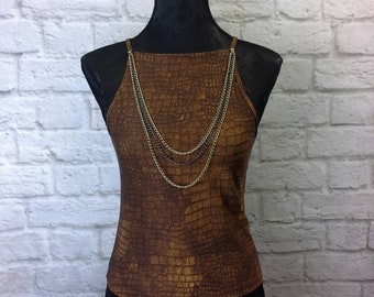 Elegant Vest for woman with crocodile print on Jersey and chains on the front, American top printed with applied chains