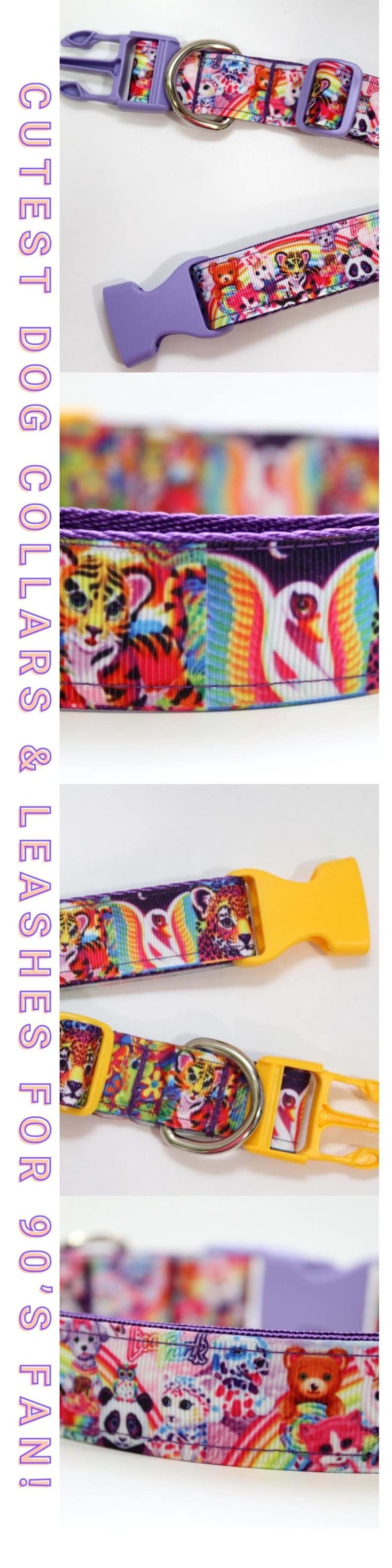 Puede incluir: Juego de collar y correa para perros con un tema colorido de los a&ntilde;os 90. El collar presenta una hebilla morada y un patr&oacute;n vibrante con animales de dibujos animados, arco&iacute;ris y el texto "CUTEST DOG COLLARS & LEASHES FOR 90'S FAN!"