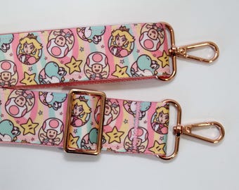 PURSE STRAP interchangeable adjustable bag strap video game retro strap colorful strap Mario mushroom star pink crossbody bag strap gift