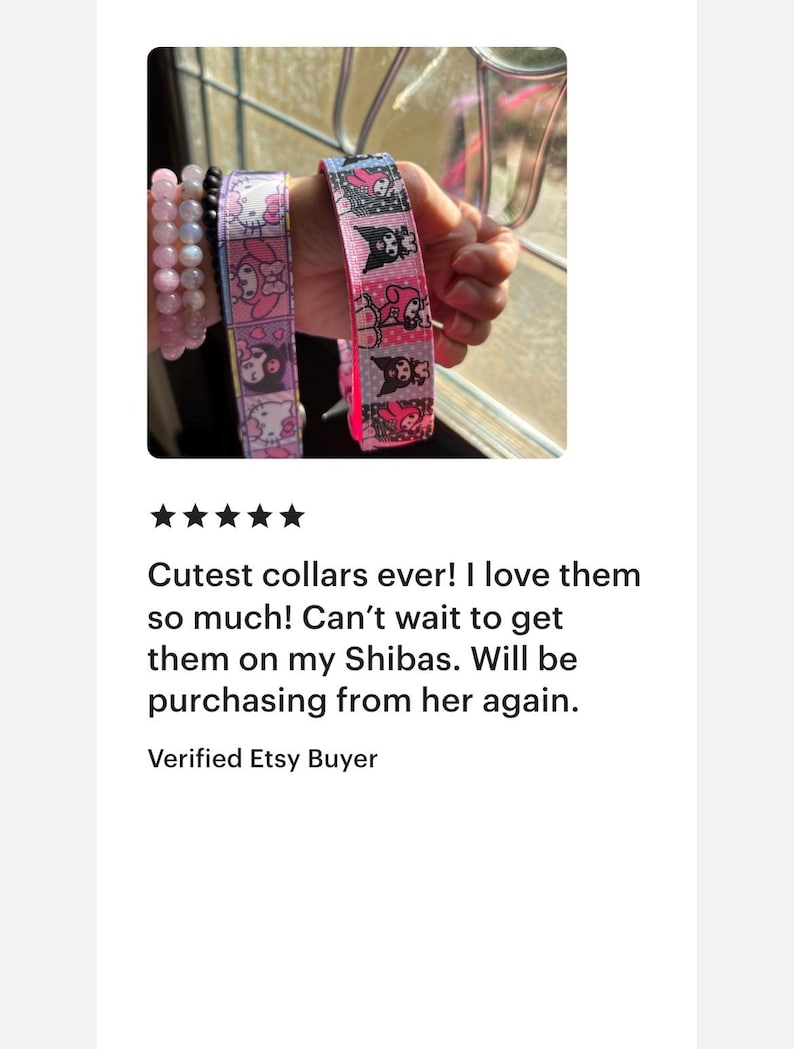 Puede incluir: Dos collares para perros con dise&ntilde;os de personajes de dibujos animados. Uno es rosa con Hello Kitty, el otro rosa con un personaje de gato negro. Una mano sostiene los collares.