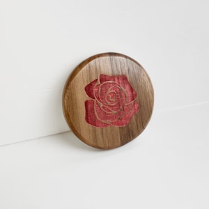 Simple Round Compact Wood Mirror with Painted Engraved Red Rose | Pocket Mirror | Purse Mirror | Makeup Mirror |