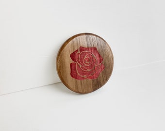 Simple Round Compact Wood Mirror with Painted Engraved Red Rose | Pocket Mirror | Purse Mirror | Makeup Mirror |
