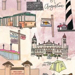 May include: Watercolor illustration of St. Augustine, Florida, featuring landmarks like the lighthouse, Castillo de San Marcos, and Flagler College. Includes text: "Fountain of Youth", "St. Augustine", and "Welcome St. Augustine Founded 1565".