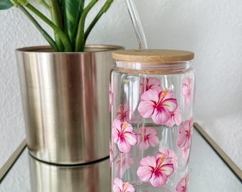 Pink Hibiscus Glass Cup