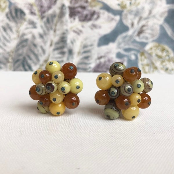 Vintage Japan brown and yellow glass bead clip on earrings-fall colors-bead cluster