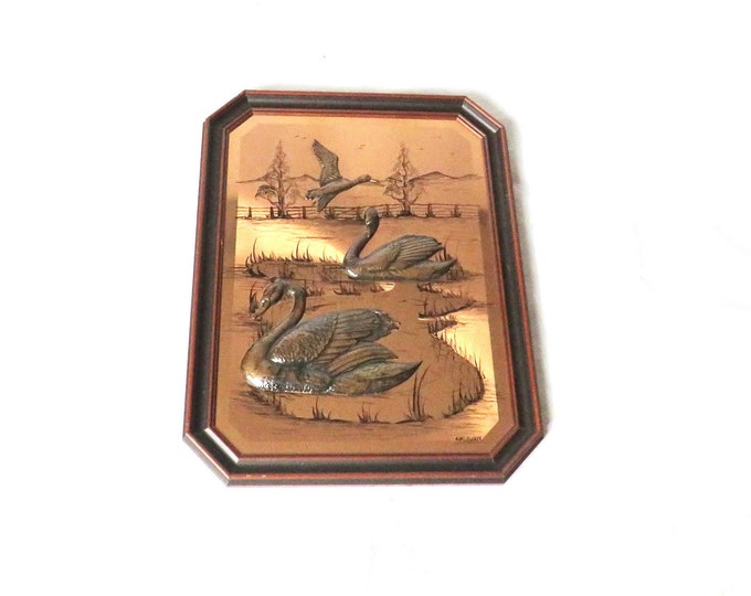 Vintage Magowan Signed Copper Art 3D Birds in Wooden Frame / Pub Art / vintage Framed original / vintage oil English art