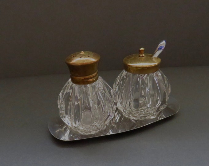 vintage shaker table set / vintage Hong Kong / cut glass shakers  / Condiment Caddy / Pepper Set  / c1960   (rb)