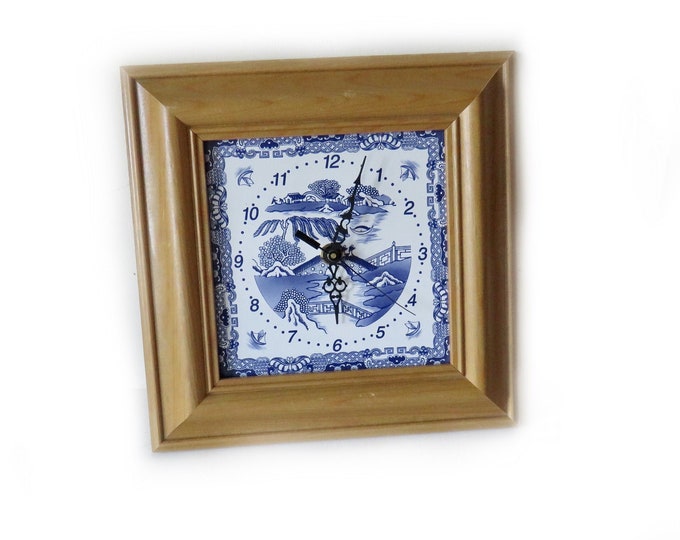 vintage wall clock / 90s / Square  clock / blue and white / Hermle company  /made in Germany clock / vintage /  Working clock /