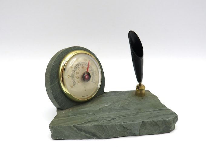 Vintage desk barometer / welsh slate pen holder / desktop pen clock holder / A