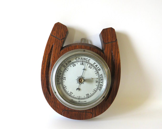 Vintage barometer / lucky horse shoe / Art Deco Barometer solid wood  / Rare Shape / Compensated  / Wood Casing /  Made in England