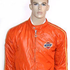 May include: Orange nylon jacket with a zipper closure and a logo that says "NYCUP" on the left chest. The jacket has yellow stripes on the sleeves and a yellow stripe down the back.