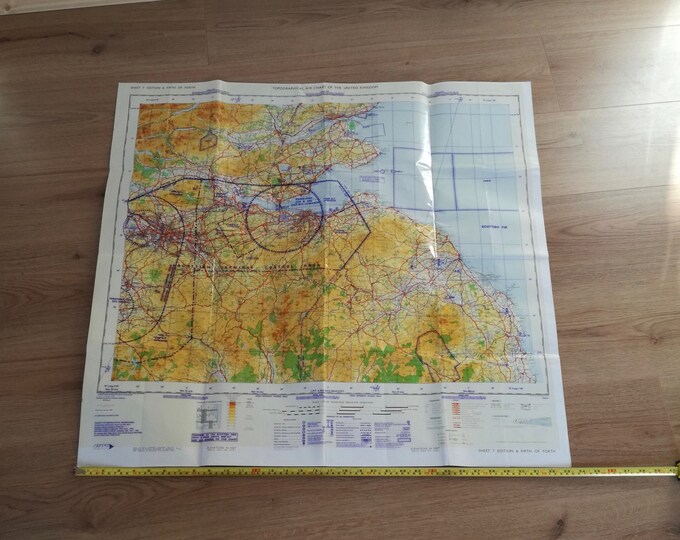 Vintage Air Chart TOPOGRAPHICAL / Fife of Forth  Scotland / Plastic Coated 1970's  Map / CAA / RB