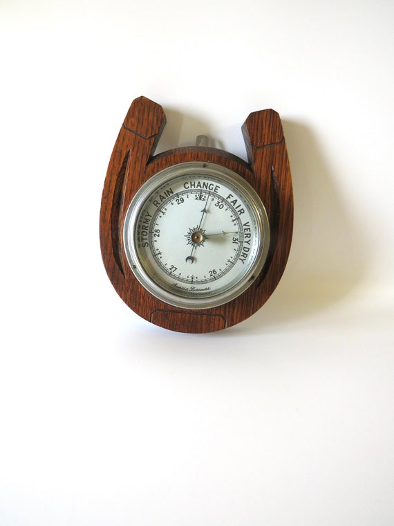 Vintage barometer / lucky horse shoe / Art Deco Barometer solid wood  / Rare Shape / Compensated  / Wood Casing /  Made in England