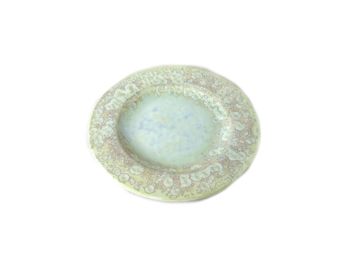 A pale green plate with a stylised floral pattern /  designed by  Max Studio