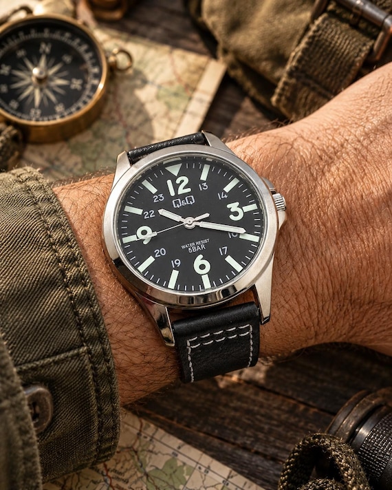 Q&Q Military Field Watch 45.5mm Men's Quartz Watch Black Dial Pilot Style Leather Strap 5 BAR Everyday Watch Gift by citizen