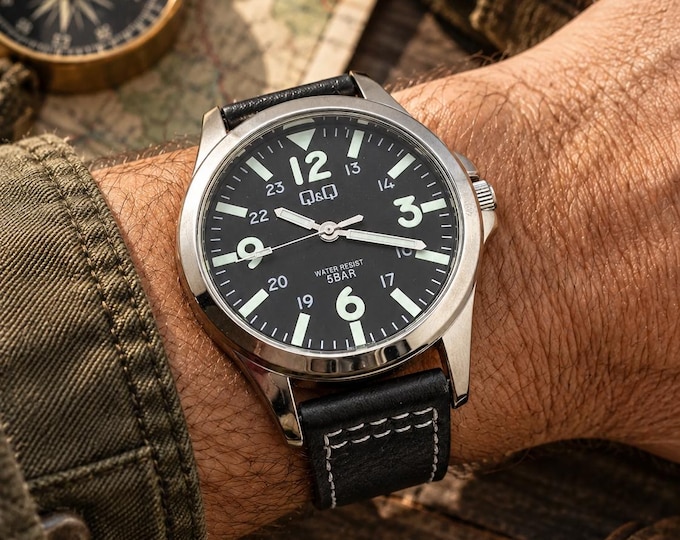 Q&Q Military Field Watch 45.5mm Men's Quartz Watch Black Dial Pilot Style Leather Strap 5 BAR Everyday Watch Gift by citizen