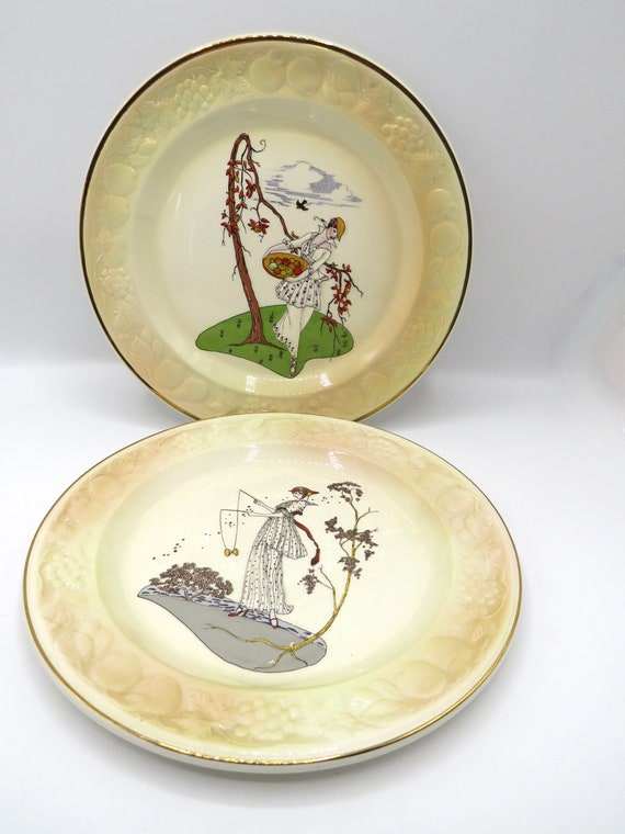 Royal Worcester Palissy Spode Embossed Art Deco Lady Plates 2x Collectable plates set / Collectable plates / vintage Plate set